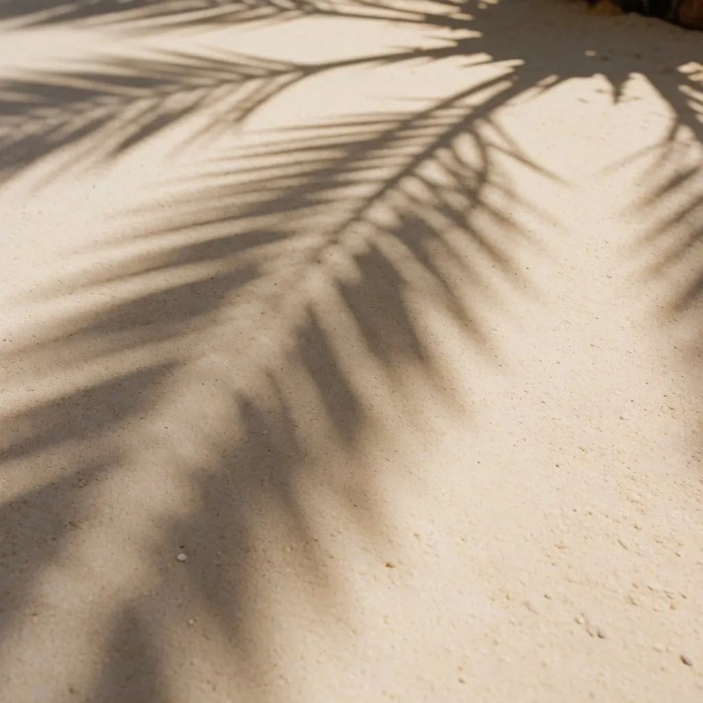A palm frond casting a shadow on a limestone surface