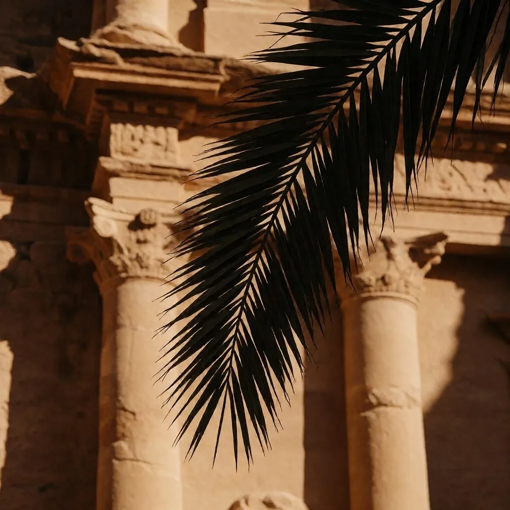 Palm frond casting a shadow on a limestone wall