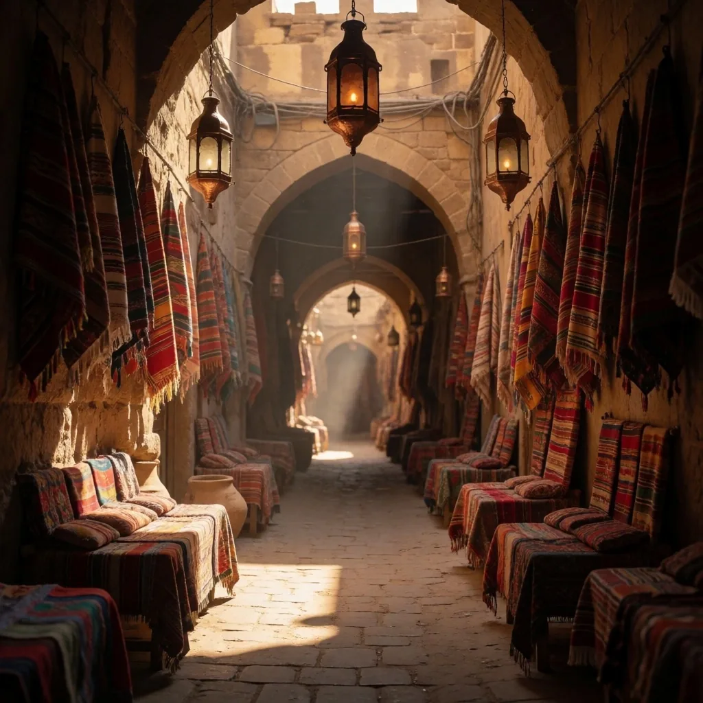 Traditional market alley with hanging textiles