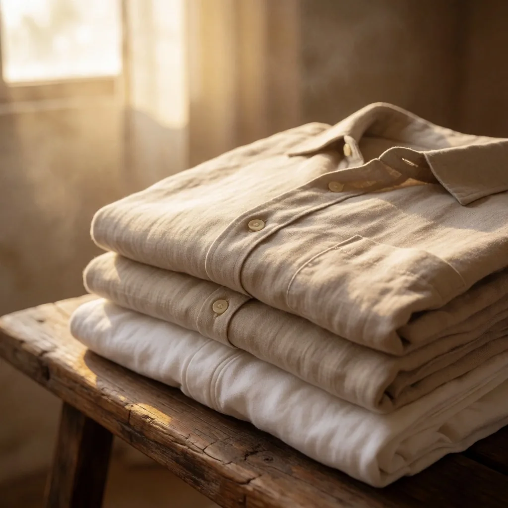 Folded linen and cotton clothing in neutral tones