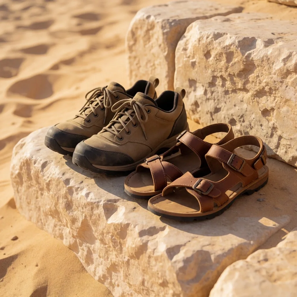 Walking shoes and sandals on stone