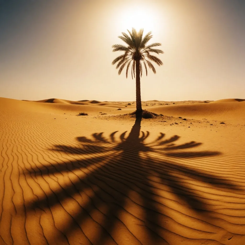 Desert landscape with palm tree shadow at midday