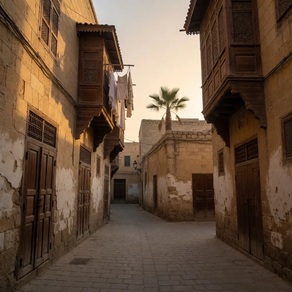 Narrow residential alleyway with palm tree above rooftops