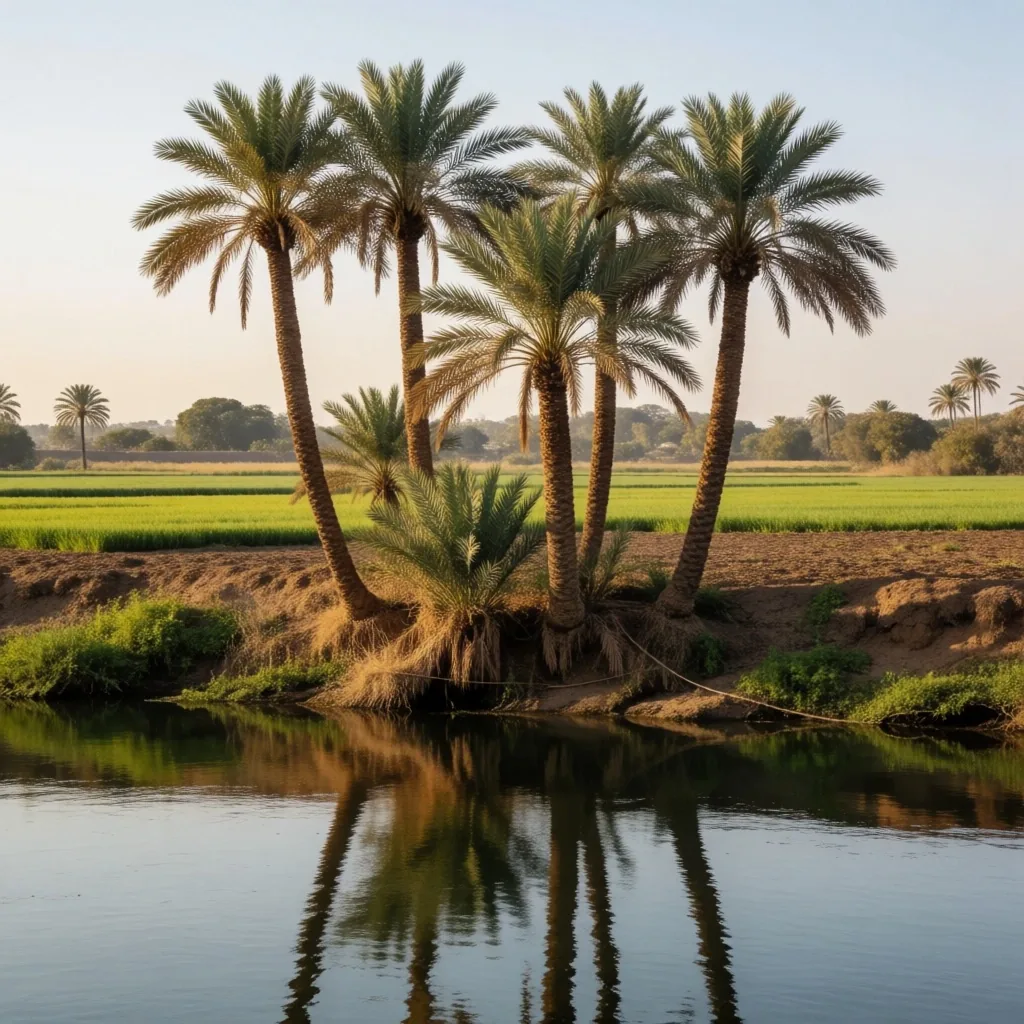Palm trees along a riverbank with reflections in calm water