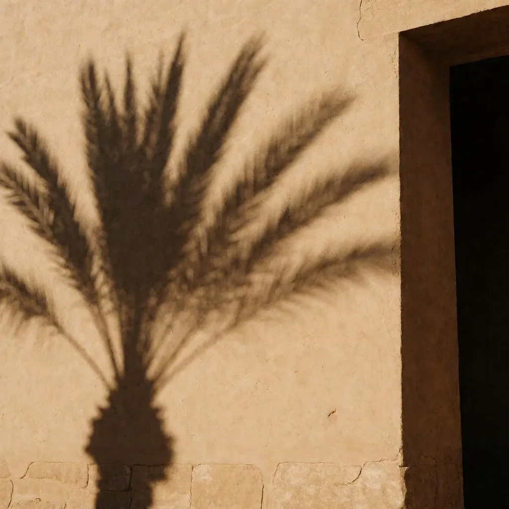 Palm frond shadow cast against limestone wall in warm afternoon light