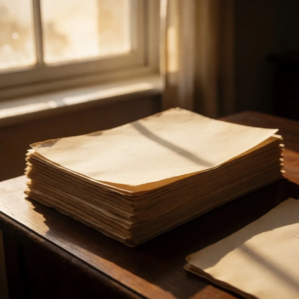 Stacked archival papers on a desk