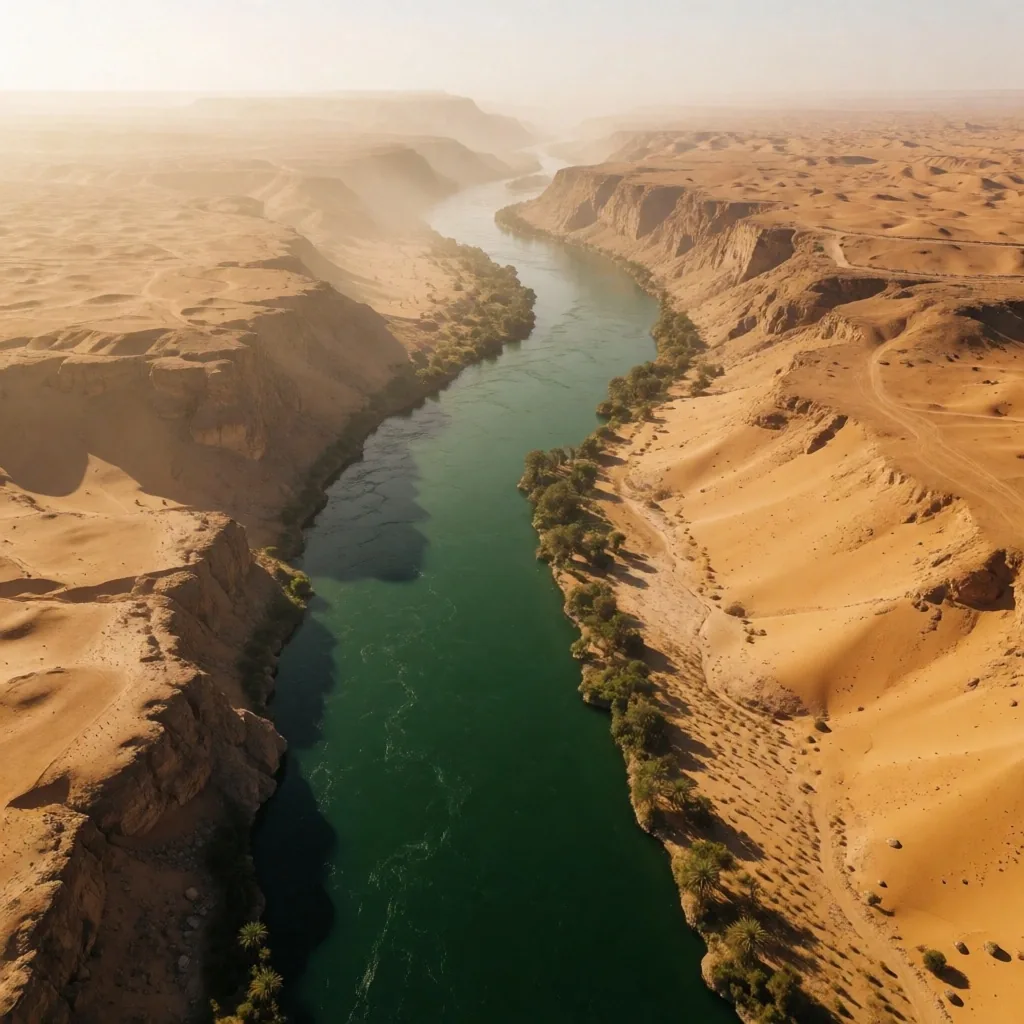 Aerial view of the Nile valley as a green band between desert at midday