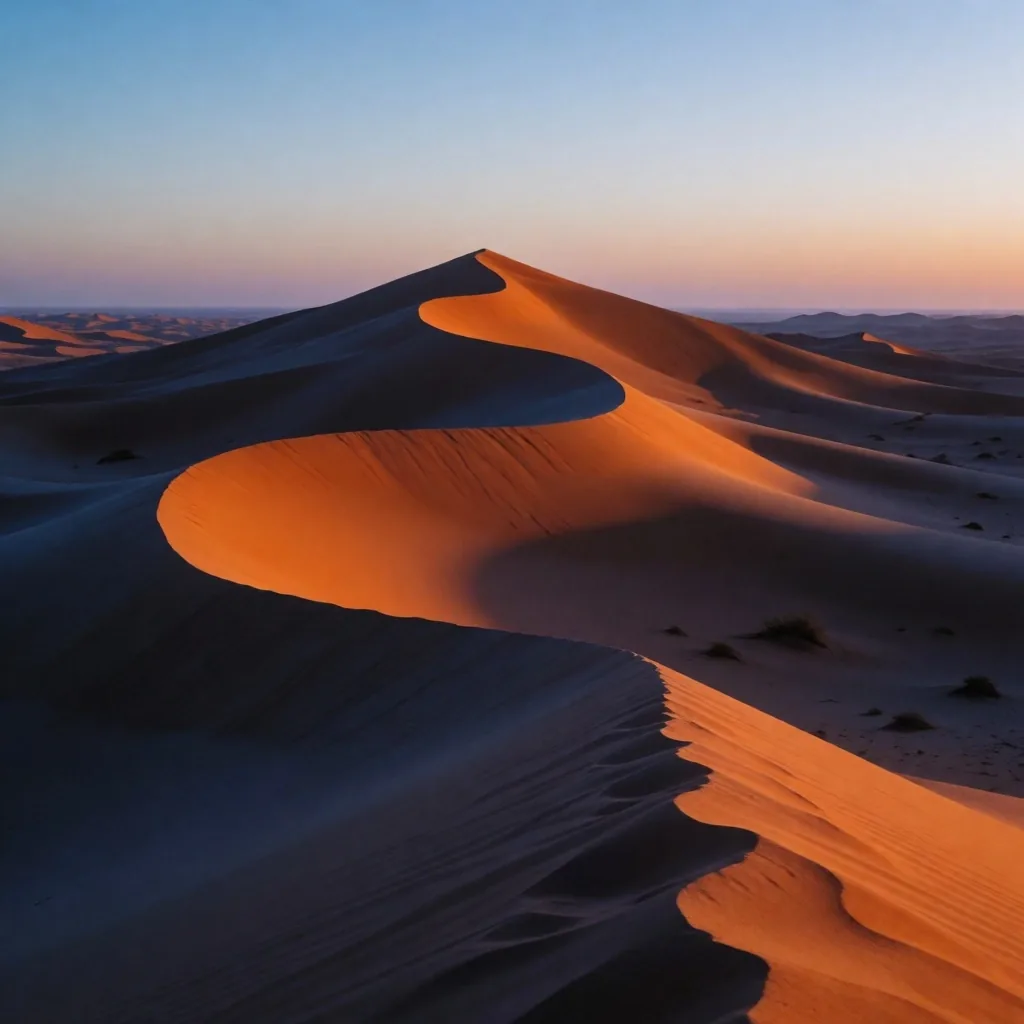 Open desert at dusk with dunes in deep shadow and fading warm light on the crests