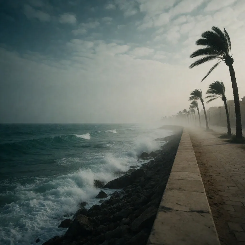 Overcast morning on the northern Mediterranean coast with calm sea and bending palms