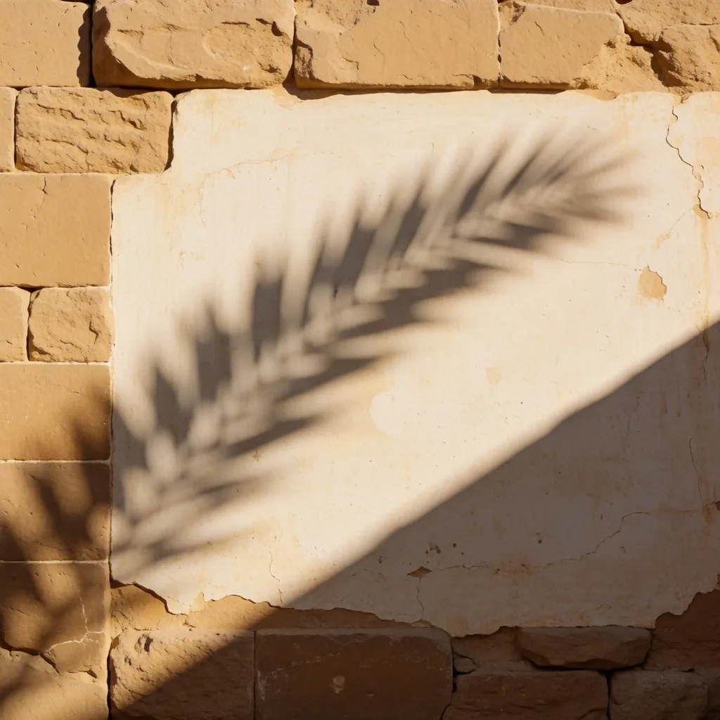 Palm frond shadow cast against a limestone wall in warm afternoon light