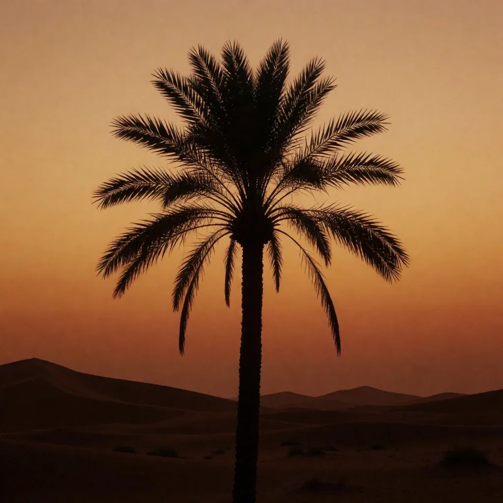 Palm tree silhouette against an amber desert sunset