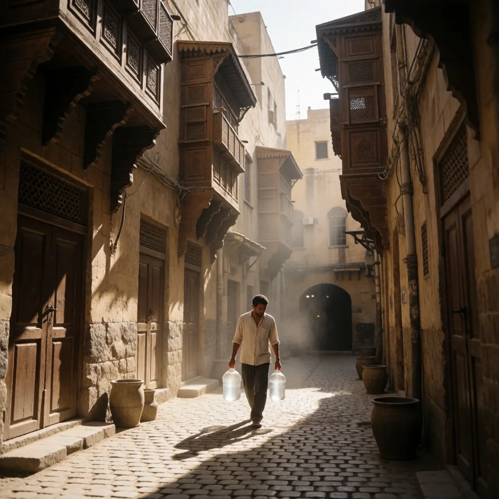 Shaded narrow street in an old quarter during summer midday with a figure carrying water