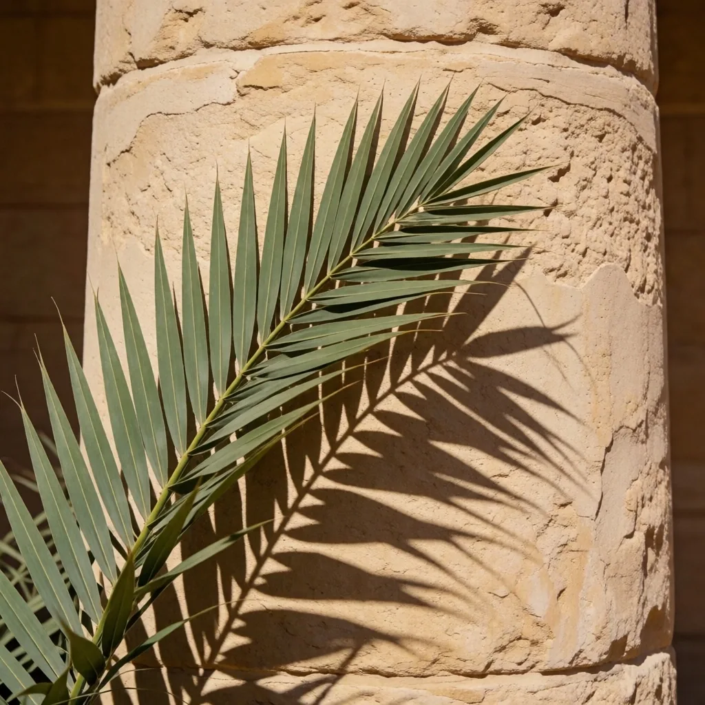 A palm frond casting a shadow on limestone