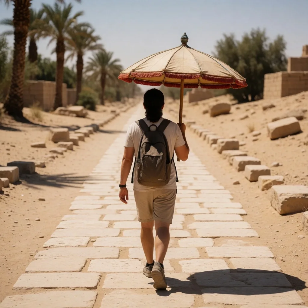 Traveller with sun umbrella on a dusty path