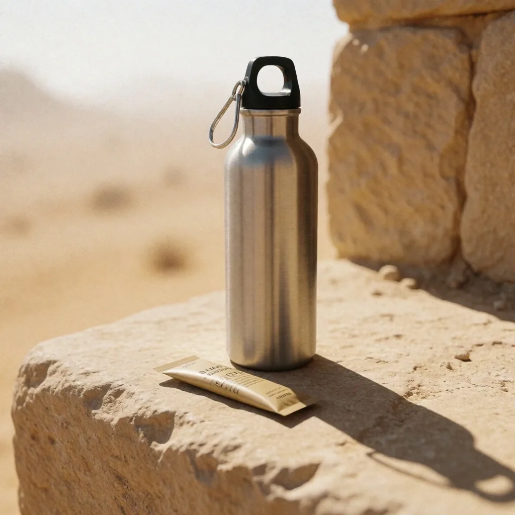 Water bottle and electrolyte supplies on stone